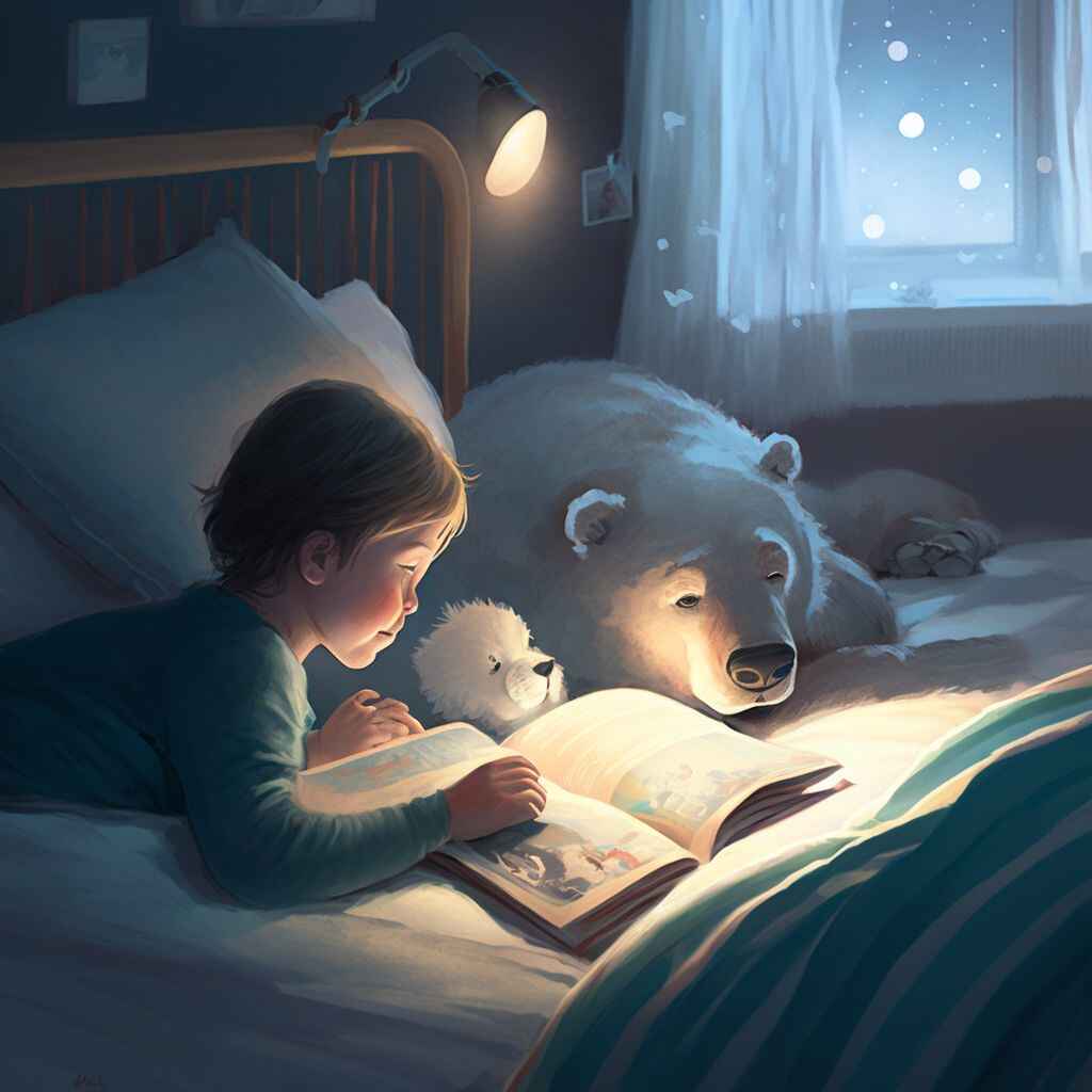 un enfant est à lire un livre sur son lit un ours polaire